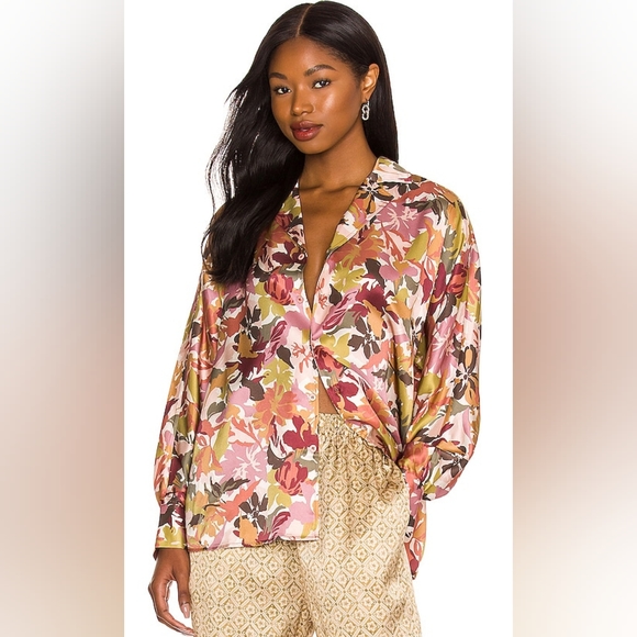 Revolve Tell Your Friends 100% Silk Top Small Camelia Dolman Button Down Satin - Picture 6 of 7